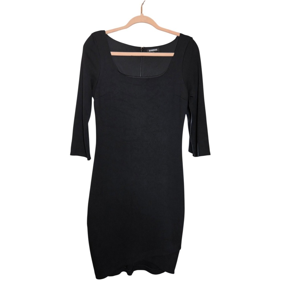 Express Black Round Neck 3/4 Sleeve Tulip Hem Bodycon Sheath Dress Womens S